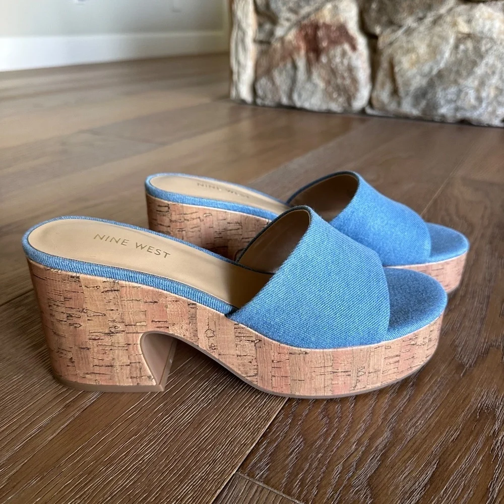 NINE WEST Barata Platform Cork Slide Sandal Denim Blue Size 9